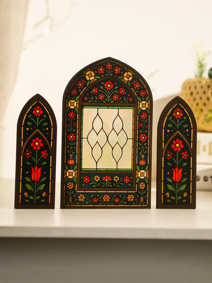 3Pcs/Set Islamic Geometric Arch Decor Golden & Floral Acrylic Table Ornaments Wooden Festive Home Decor for Ramadan & Eid Gifts