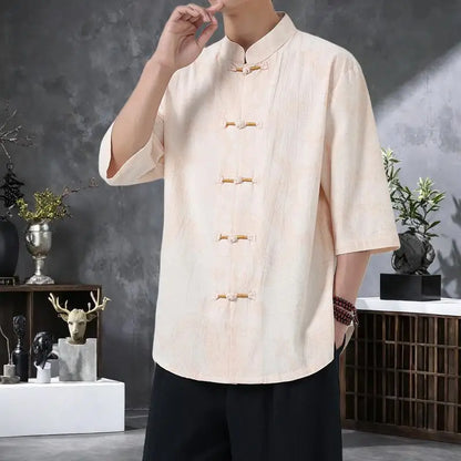 Men's Lightweight Printed Shirt Summer Chinese Style Mandarin Collar Casual Top with Frog Buttons Oriental Design