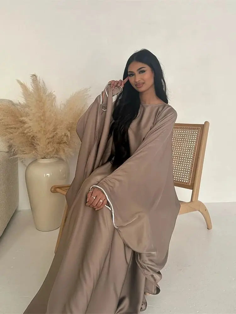 Eid Muslim Kaftan Satin Batwing Abaya Dubai Luxury Arabic African Dresses Abayas For Women Caftan Marocain Robe Femme Musulmane