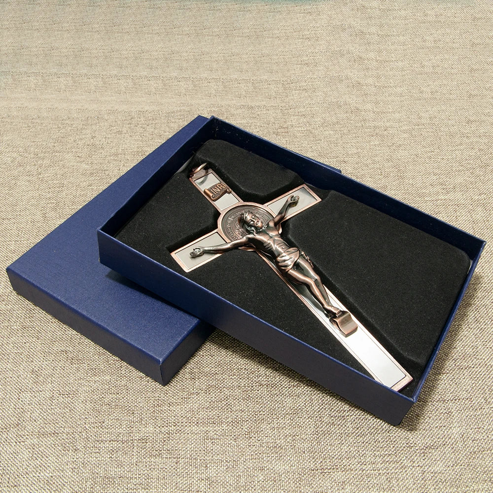 HTISOK Catholic Cross Zinc Alloy Crucifix with St. Benedict Medal & INRI, 6.9" Gift-Boxed Religious Wall Decor for Home Altar