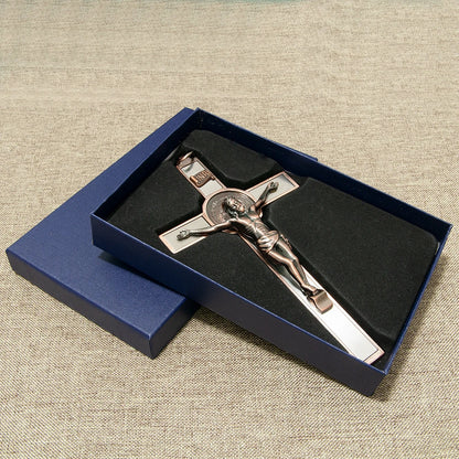 HTISOK Catholic Cross Zinc Alloy Crucifix with St. Benedict Medal & INRI, 6.9" Gift-Boxed Religious Wall Decor for Home Altar