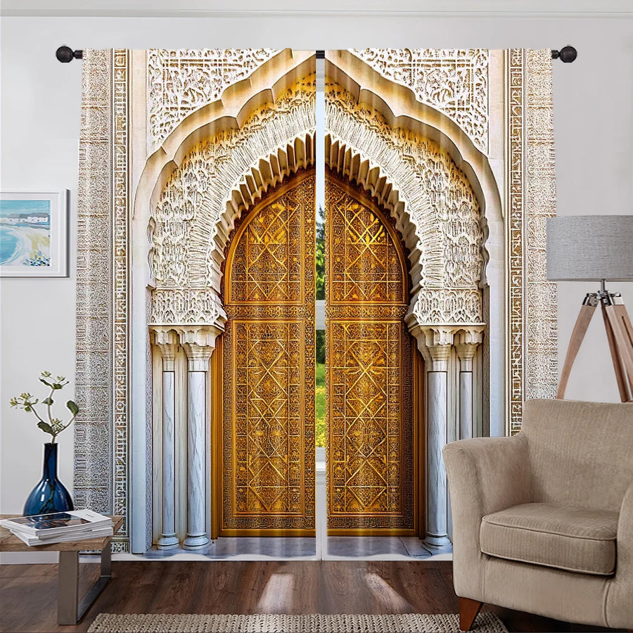 Moroccan Palace Gate Curtains – 2-Piece Spring/Summer Drape, Middle Eastern Architecture Print