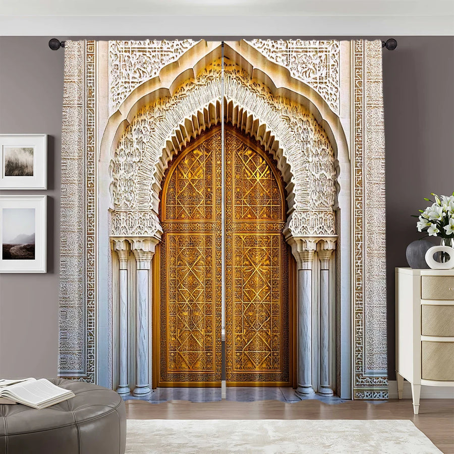 Moroccan Palace Gate Curtains – 2-Piece Spring/Summer Drape, Middle Eastern Architecture Print