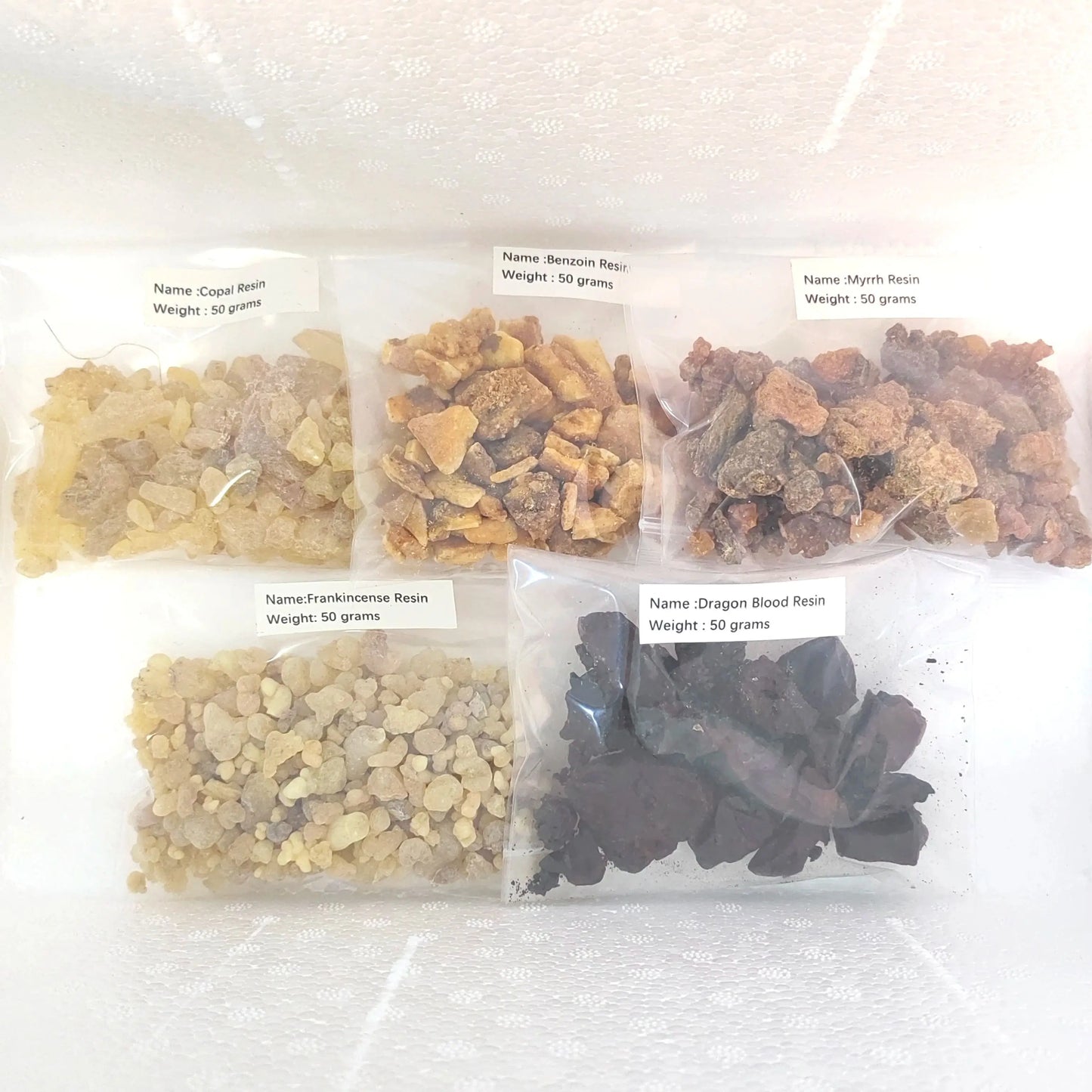 Resin Incense, Natural Tree Gum Sap -5x50g Variety Pack Including Frankincense and Myrrh Copal Benzoin Dragon's Blood