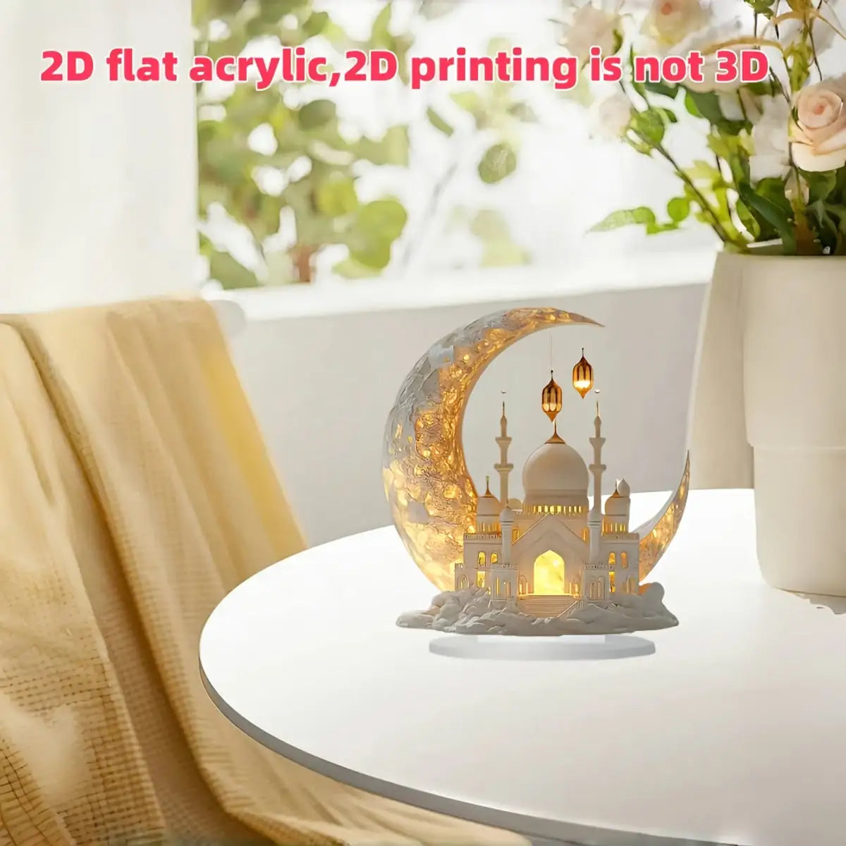 2D Flat 1pc Boho Style Ramadan Crescent Mosque Tabletop Decor, 2D Flat Acrylic Islamic Art, Multipurpose Home Decoration