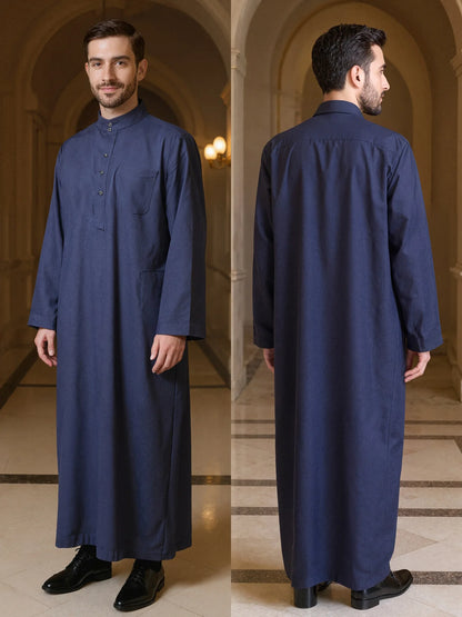 Polyester men's long robe, Qatar style stand collar robe, pocket design, Arabian and Middle Eastern men's clothing, available in
