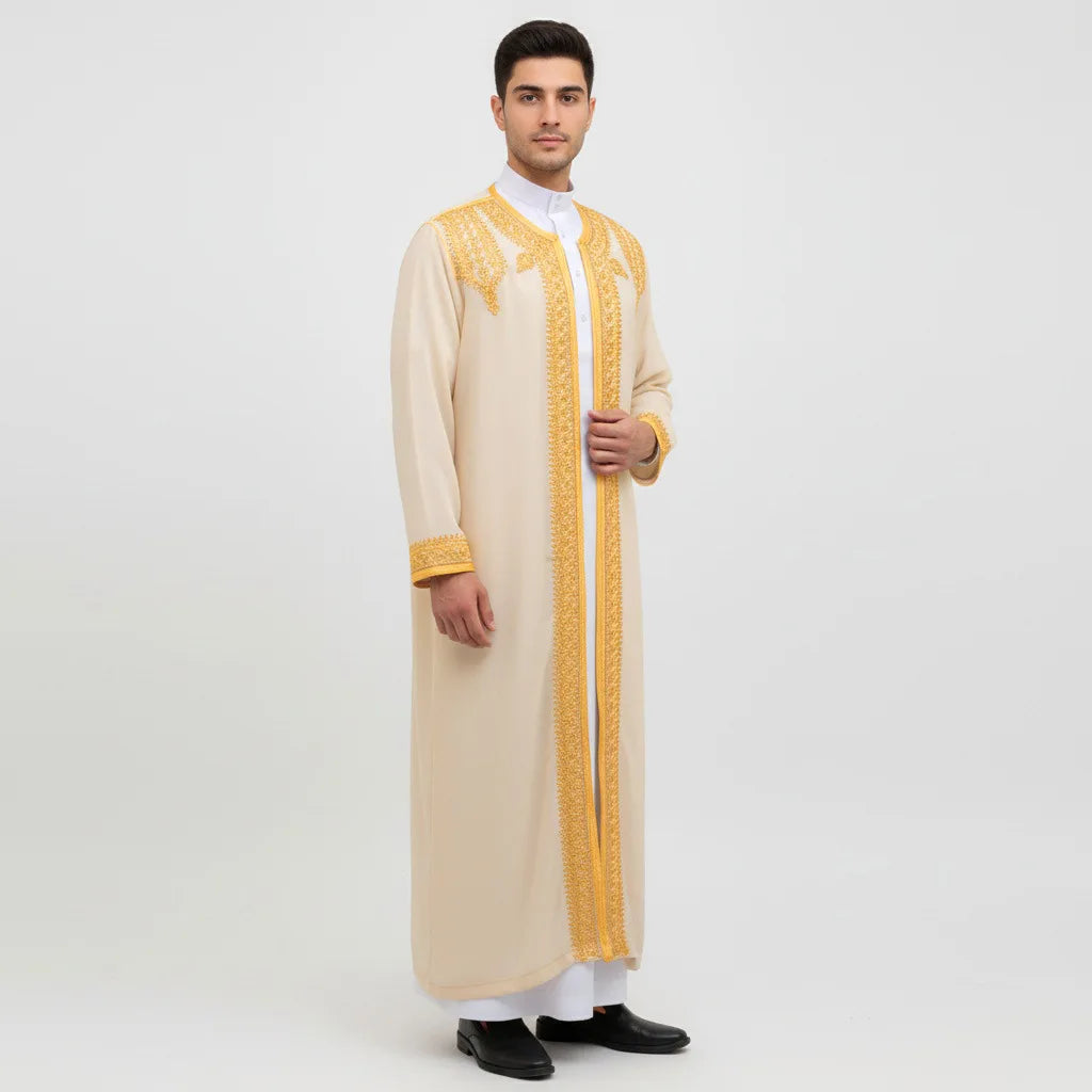 Traditional Arab Men's Robe Thobe Embroidered Dress Middle Eastern Ethnic Jubba Thobes Eid Djellaba Kimono Abaya Thoub Dishdasha