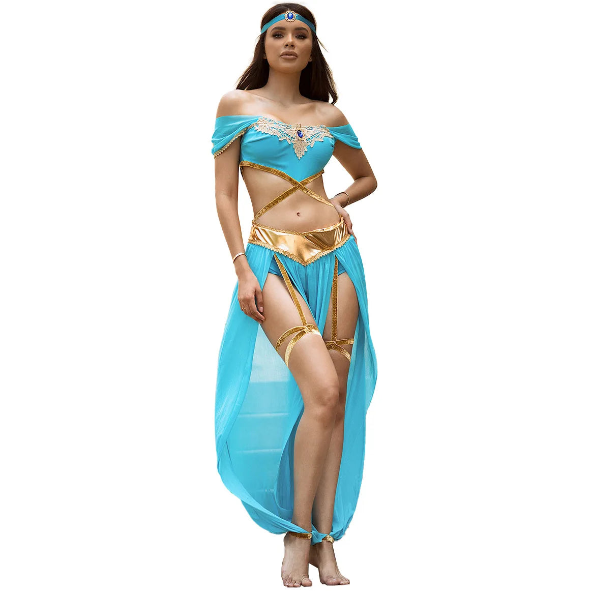 New Arrival In Stock Halloween Aladdin Jasmine Princess Cosplay Sexy Role Play Performance Costume Blue Stage Outfit