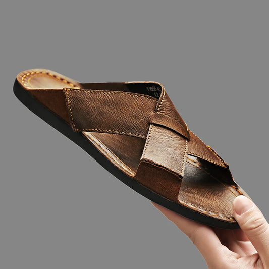 Big Size Men Leather Slippers Homes In Indoor Slippers Summer Open Toe Sandals Comfy Antiskid Soft Bottom Casual Walking Shoes