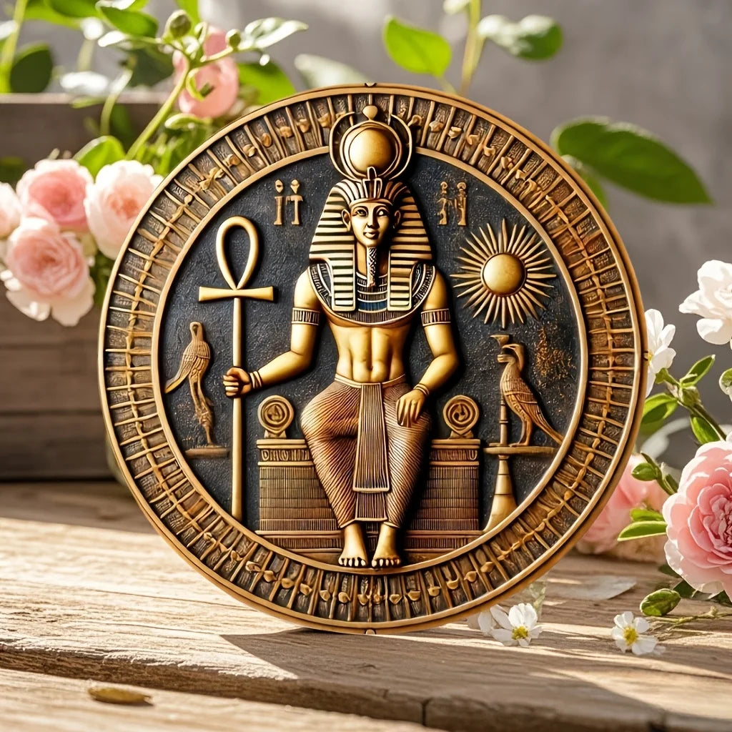 Round Wooden Pharaoh & Ankh Amon Wall Sign – 7.87-Inch Egyptian Heritage Decor