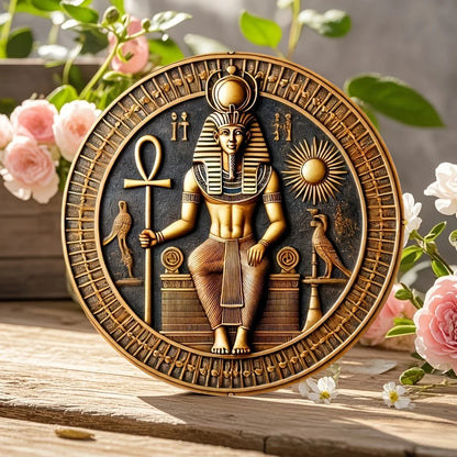 Round Wooden Pharaoh & Ankh Amon Wall Sign – 7.87-Inch Egyptian Heritage Decor