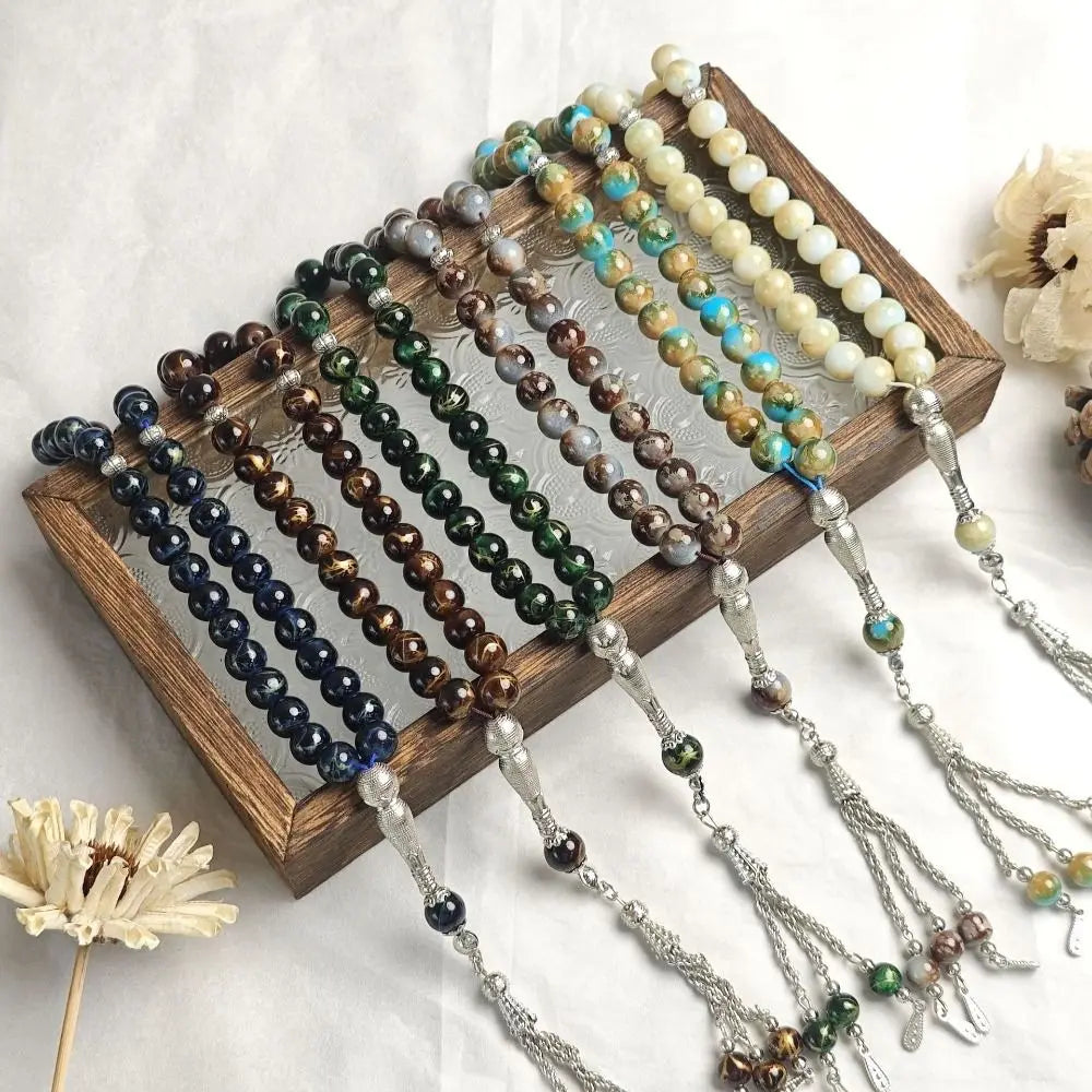 33 Beads Tiger Eye Stone Bracelet Round Small Beads Transparent Acrylic Prayer Beads Handmade With Tassels Islamic Tasbih