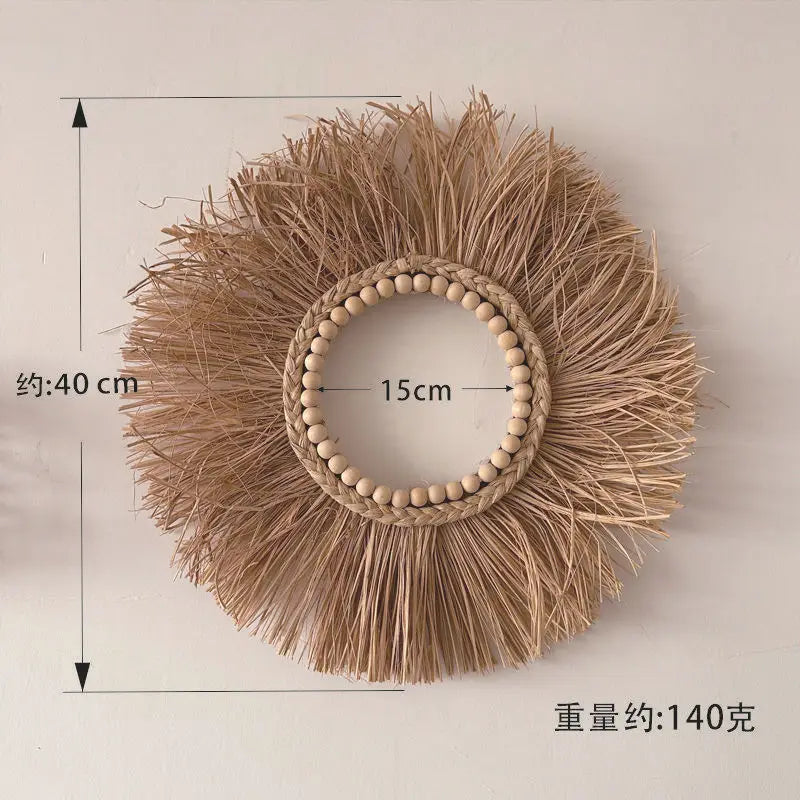 Raffia Woven Wall Hanging, Japanese Moroccan Style Grass Decor for Hotel B&B, Wooden Frame Wall Art