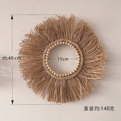 Raffia Woven Wall Hanging, Japanese Moroccan Style Grass Decor for Hotel B&B, Wooden Frame Wall Art