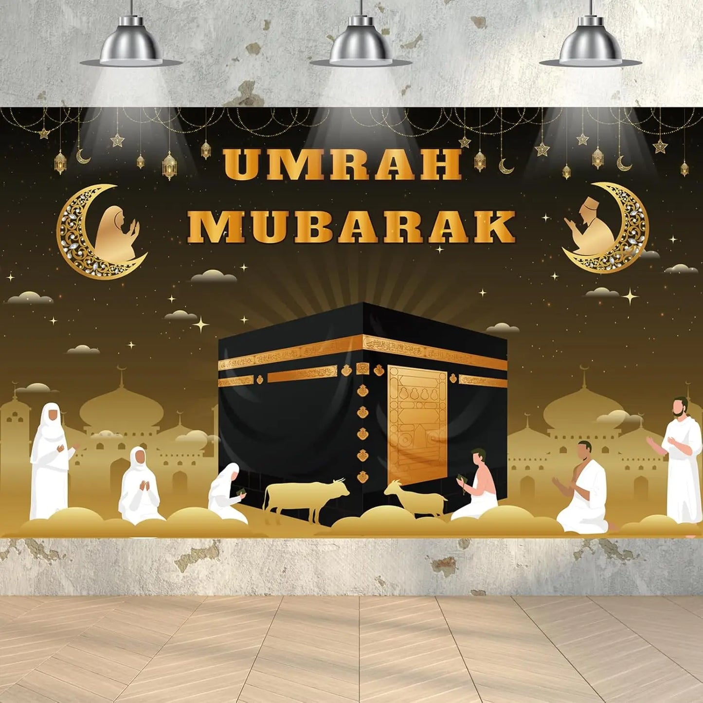 Large Umrah Mubarak Banner Backdrop Hajj Kaaba Background Ramadan Decorations for Home Islamic Muslim Eid Al-Fitr Party