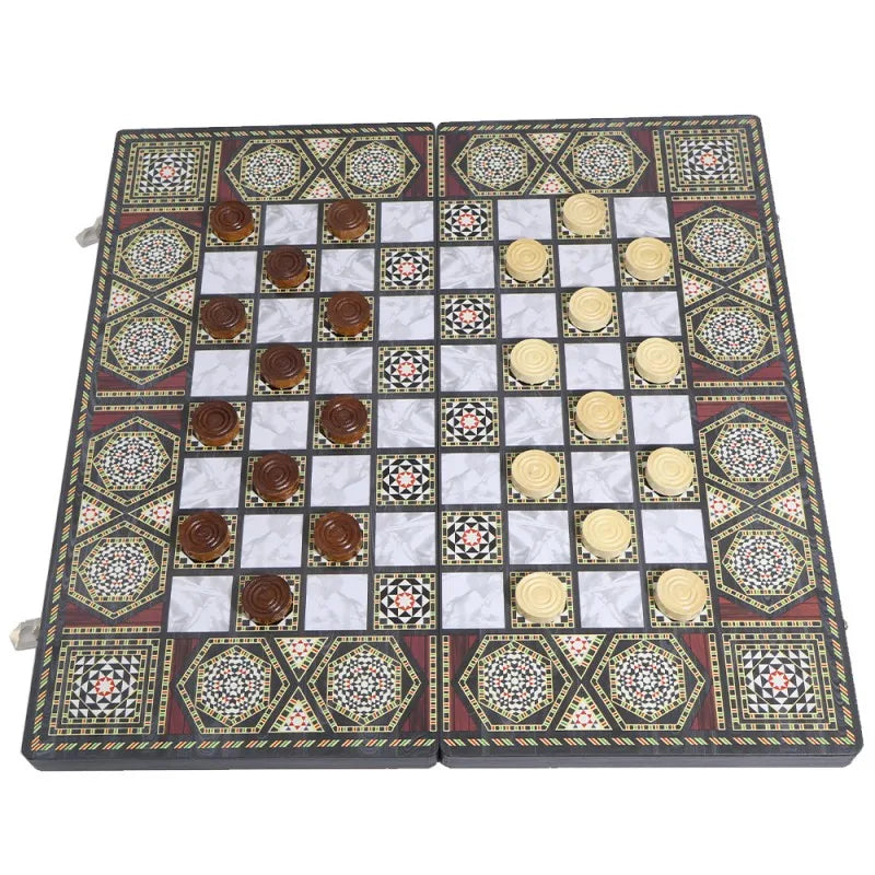 Luxury Knight Wooden 3-in-1 Chess Backgammon Foldable Intellectual Entertainment Game Portable Board Multiple Modes