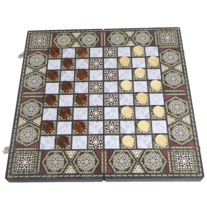 Luxury Knight Wooden 3-in-1 Chess Backgammon Foldable Intellectual Entertainment Game Portable Board Multiple Modes