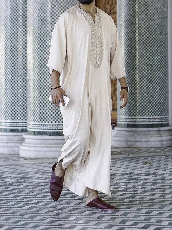 ElzEy Men's Long Sleeve Muslim Abaya Lslamic Dress Middle Eastern Saudi Clothing Moroccan Man Thobe Jubba Kandora Djellaba