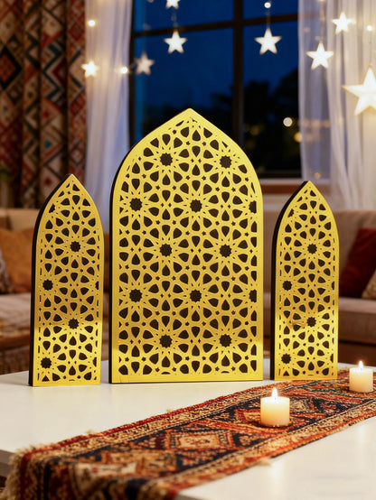 3Pcs/Set Islamic Geometric Arch Decor Golden & Floral Acrylic Table Ornaments Wooden Festive Home Decor for Ramadan & Eid Gifts
