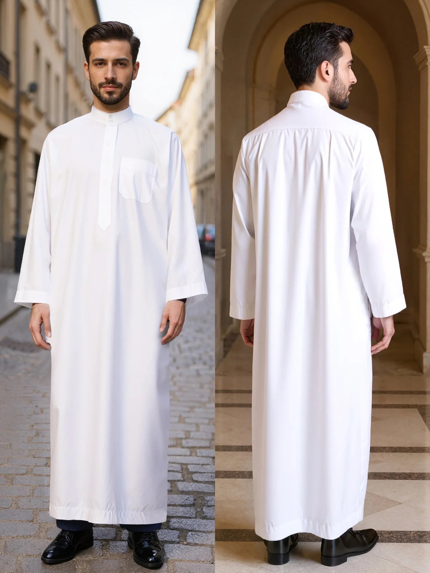 Polyester men's long robe, Qatar style stand collar robe, pocket design, Arabian and Middle Eastern men's clothing, available in