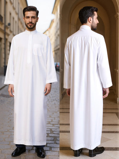 Polyester men's long robe, Qatar style stand collar robe, pocket design, Arabian and Middle Eastern men's clothing, available in