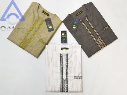 QiMing Men's Cotton Muslim Wedding Clothing Two-Piece White Boubou with Embroidery And Stripe Caftan Moroccan Modest Prayerwear