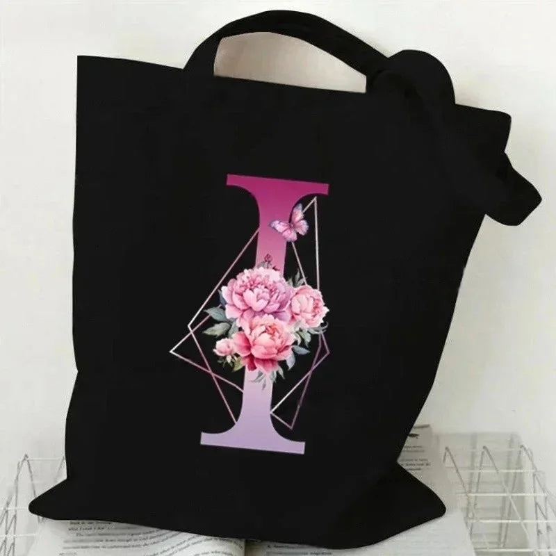 Noir Florale – Black Purple Alphabet Canvas Shoulder Tote