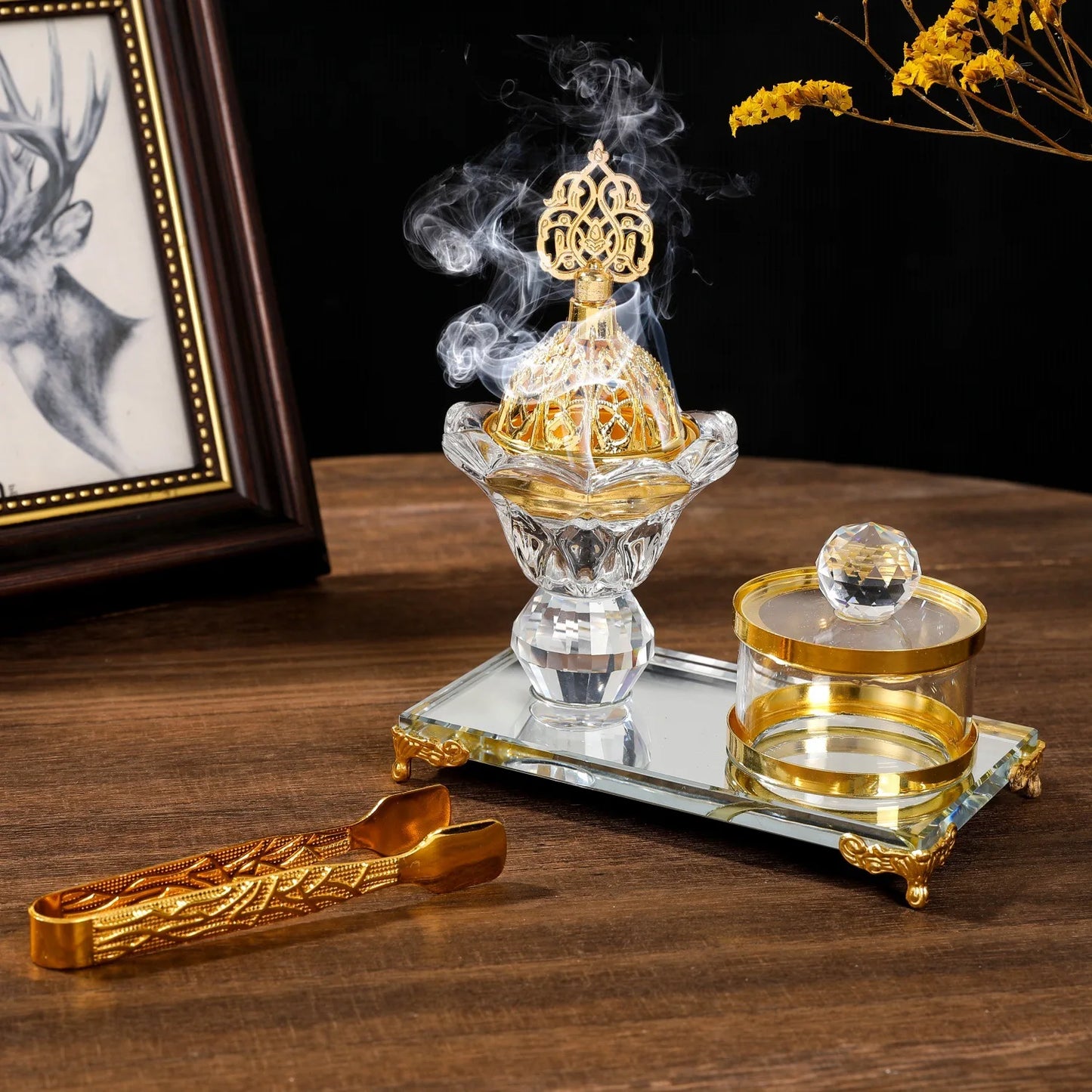 Arabic Crystal Incense Burner Set With Storage Jar Tweezers Dual Use Candle Holder Ornate Glass Aroma For Home Party Decorations