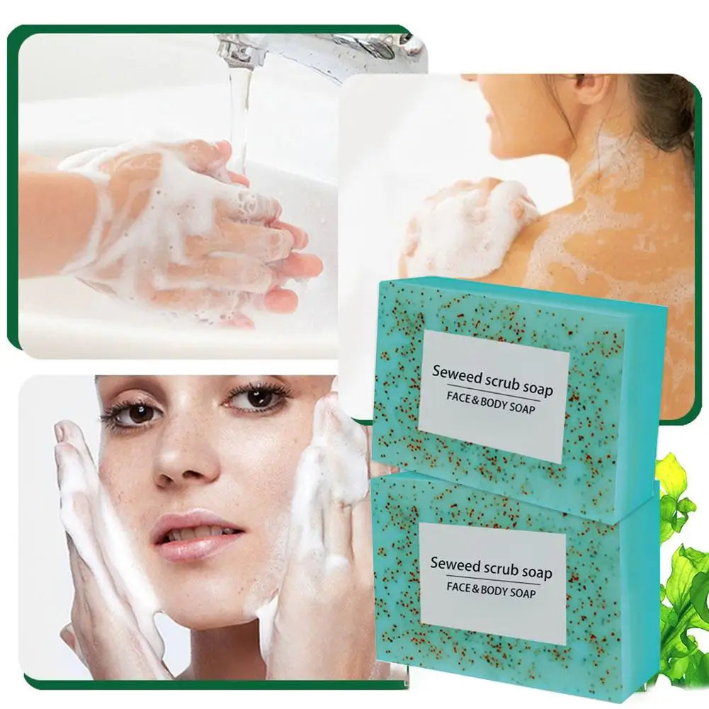 1/2PCS 100G Seaweed scrub particle soap is rich in vitamin E. It contains olive oil, which gently cleanses the face, moisturizes