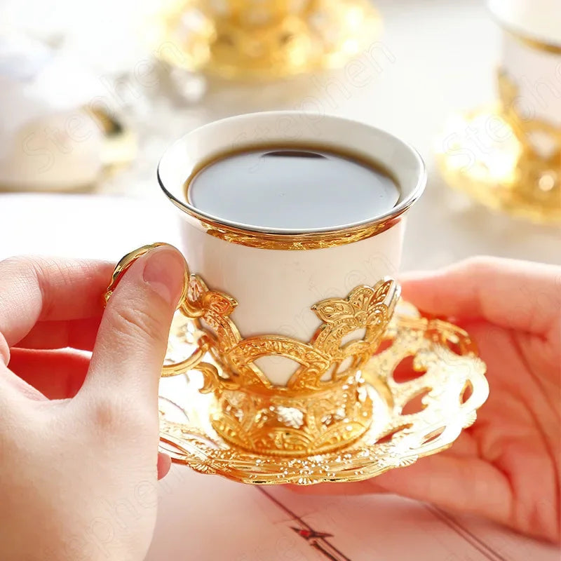 Golden Border Turkish Coffee Cups – Ceramic Cup & Saucer Set, Classic Afternoon Tea