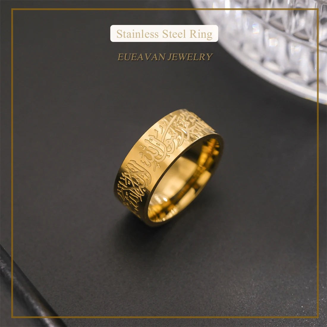 EUEAVAN Muslim Arabic Letter Ring Stainless Steel Islam Allah Prayer Engraved Rings Women Men Religious Amulet Eid Jewelry Gifts