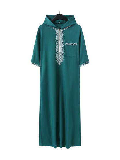 Short-sleeved, hooded, embroidered Muslim pocket Thobe, casual Arab style, traditional Gandoura prayer festival clothing for men