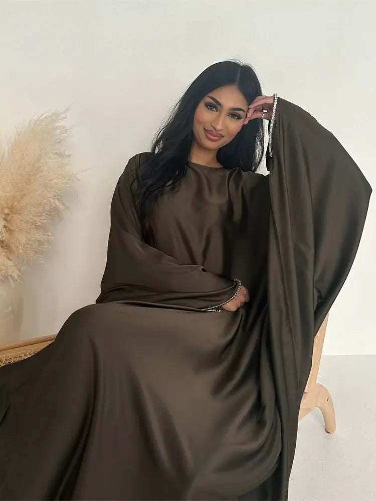 Eid Muslim Kaftan Satin Batwing Abaya Dubai Luxury Arabic African Dresses Abayas For Women Caftan Marocain Robe Femme Musulmane