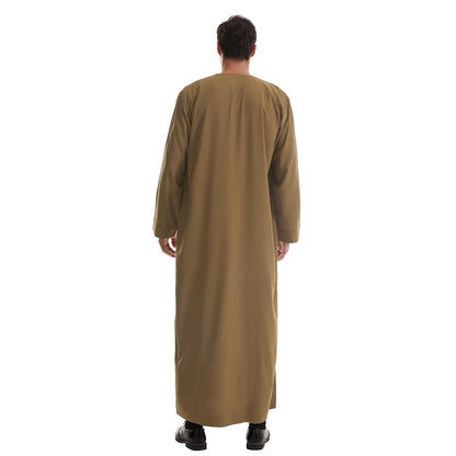 TH839 Men's Muslim Middle Eastern Men Long Sleeves Pure Color Buckle Robe Ramadan Eid Jubba Thobe