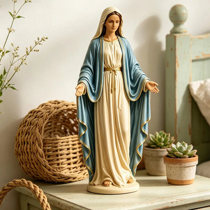 Mary Statue 12cm Open Arms Religious Figurine Resin Mary Desk Ornament for Home Living Room Bedroom Bathroom Desktop Bookshelf