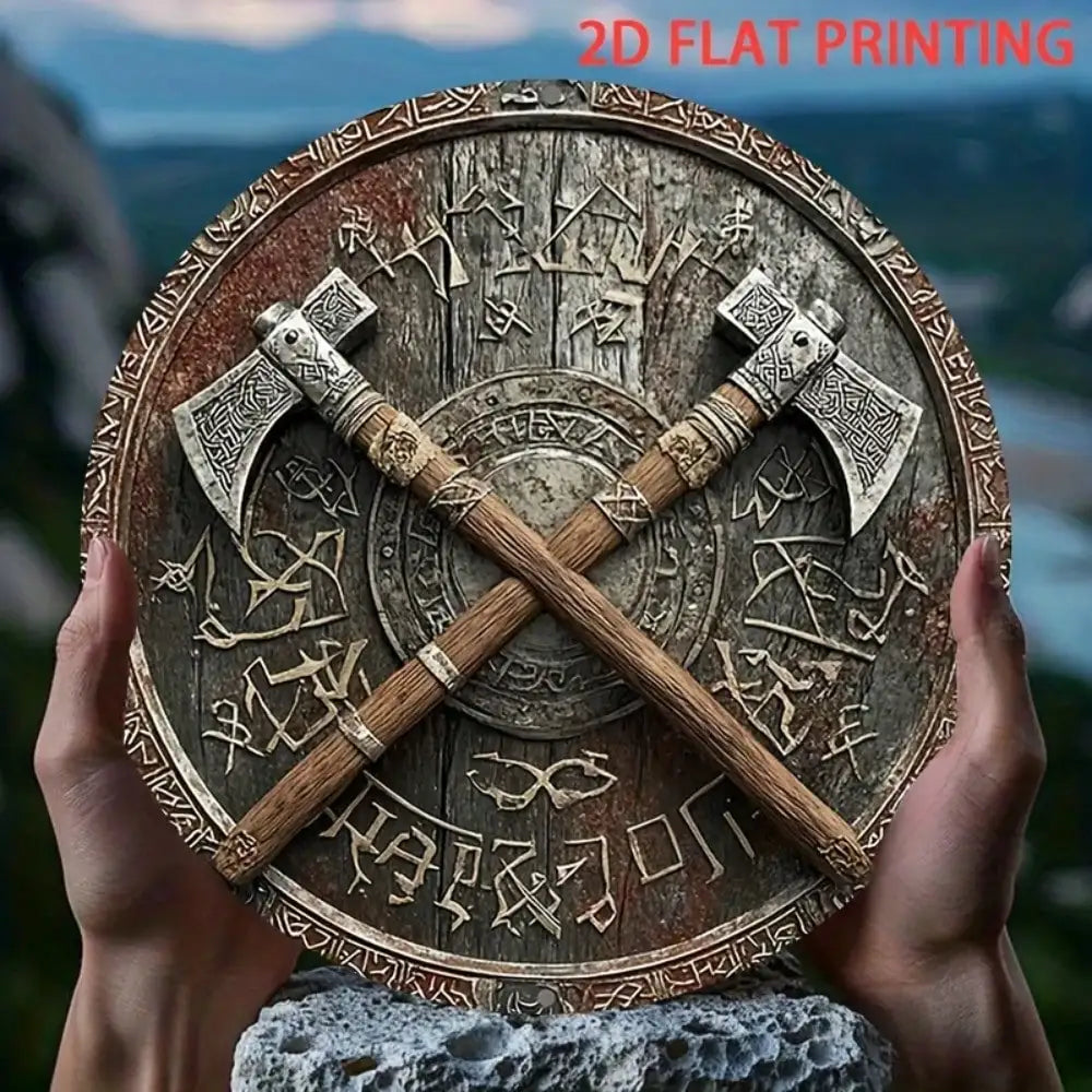 Viking Shield Axe Wall Art Decor 8" Iron Plaque for Outdoor Indoor Viking Theme