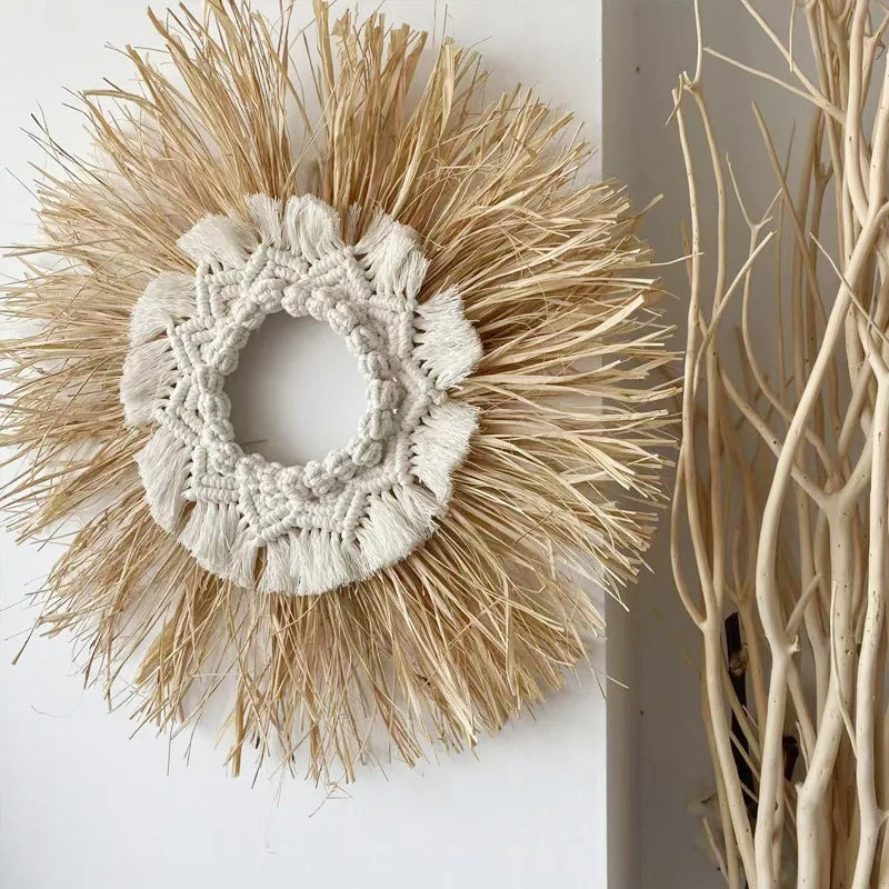 Raffia Woven Wall Hanging, Japanese Moroccan Style Grass Decor for Hotel B&B, Wooden Frame Wall Art