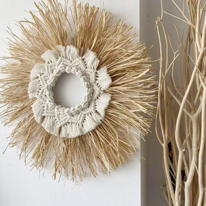 Raffia Woven Wall Hanging, Japanese Moroccan Style Grass Decor for Hotel B&B, Wooden Frame Wall Art