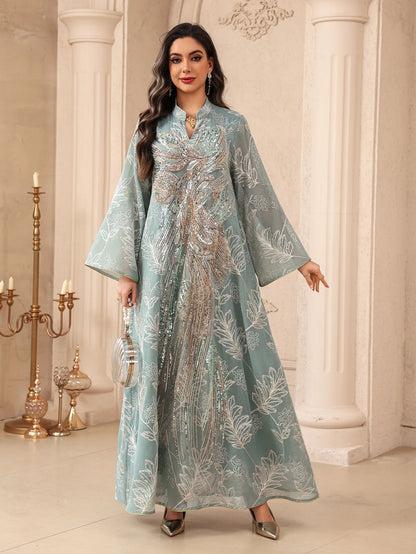 Zahraa Dubai Sequins Luxury Woman Evening Dress Mesh Embroidered Abaya V-Neck Caftan Marocain Femme 2026
