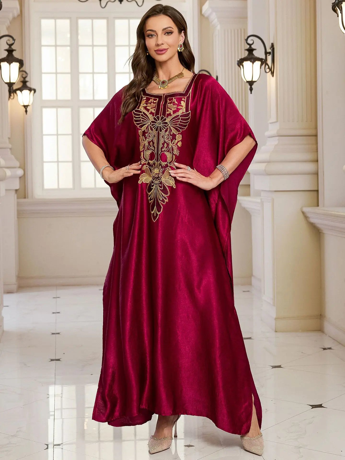 Beach Kaftans for Women Shining Material Embroidered Elegant Maxi Dresses Cover Ups for Swimwear Holiday Beachwear Bathing Suits