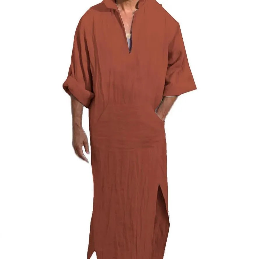 2026 New Muslim Robe Solid Color Retro Arab Islamic Clothing Men Dress Casual Cotton Linen Long Kaftan Middle East Caftan Abayas