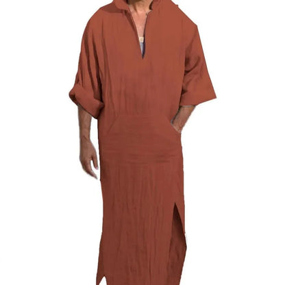 2026 New Muslim Robe Solid Color Retro Arab Islamic Clothing Men Dress Casual Cotton Linen Long Kaftan Middle East Caftan Abayas