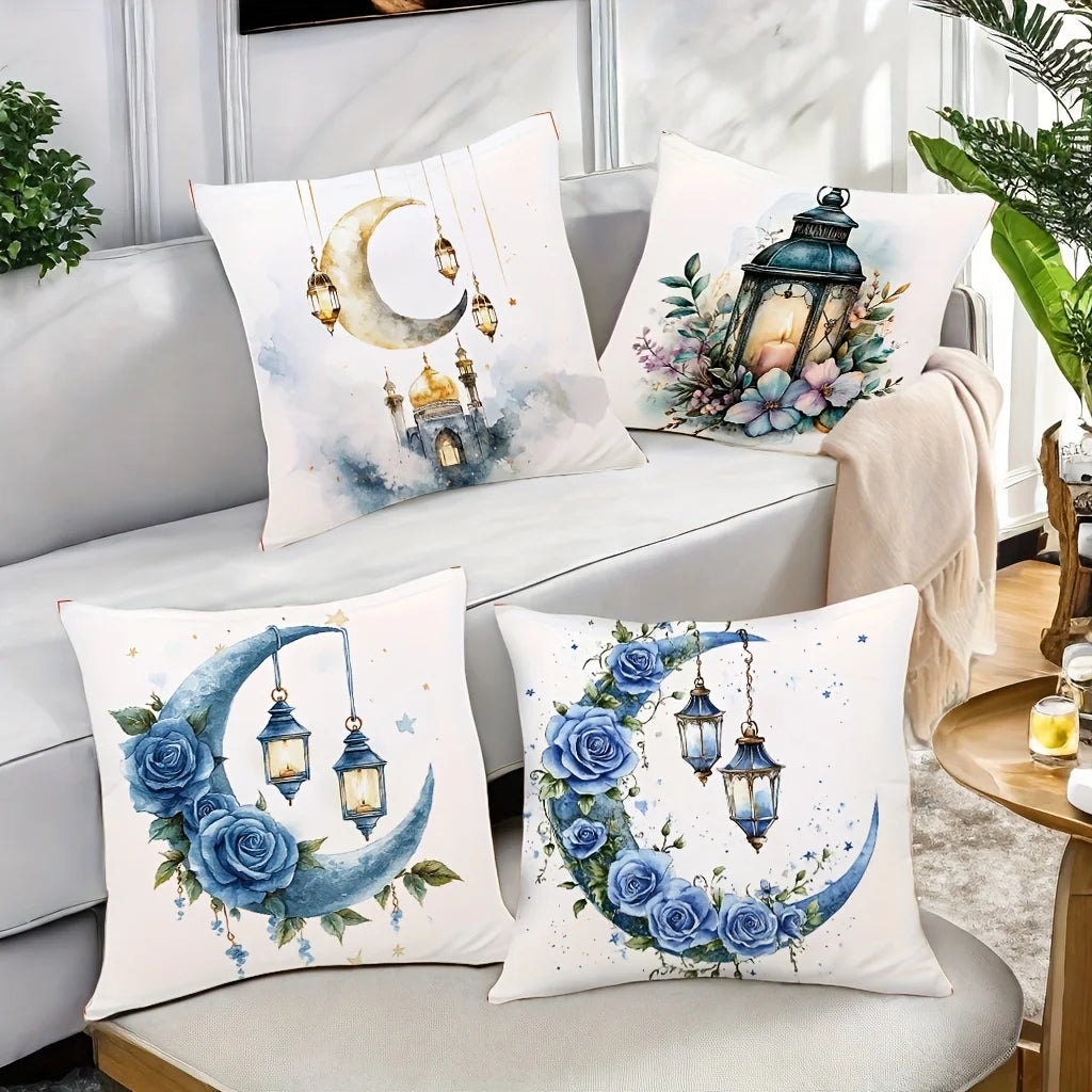 4Pcs Islamic Crescent Moon Pillow Covers 45x45cm Double-sided Printed Lantern Rose Cushion Cases Ramadan Decor Throw Pillows No