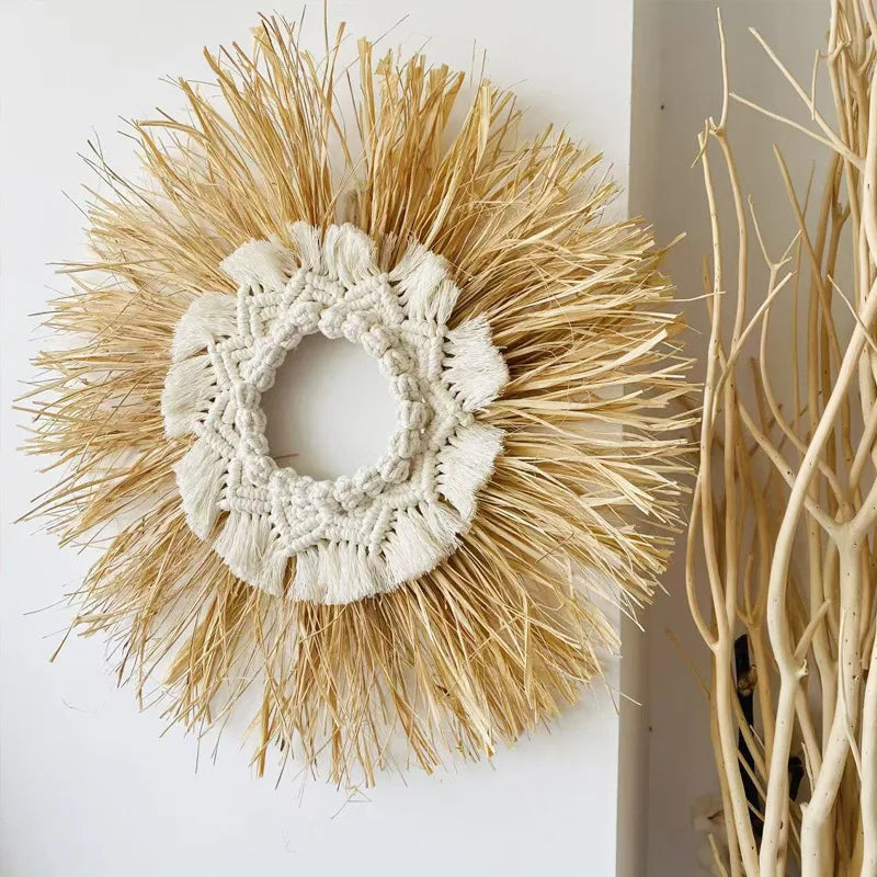 Raffia Woven Wall Hanging, Japanese Moroccan Style Grass Decor for Hotel B&B, Wooden Frame Wall Art