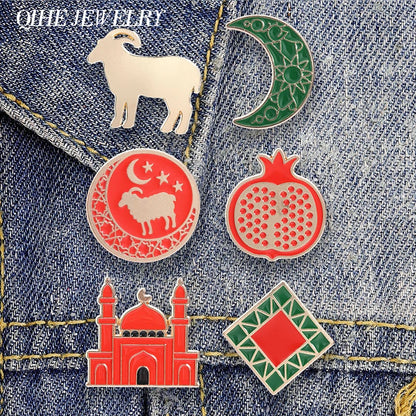 Eid al-Adha Islamic Culture Badge Enamel Pin Cartoon Ram Crescent Mosque Goat Pomegranate Brooch Fashion Bags Jewelry Accessory