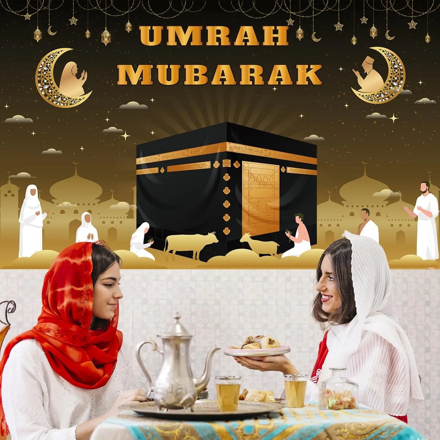 Large Umrah Mubarak Banner Backdrop Hajj Kaaba Background Ramadan Decorations for Home Islamic Muslim Eid Al-Fitr Party