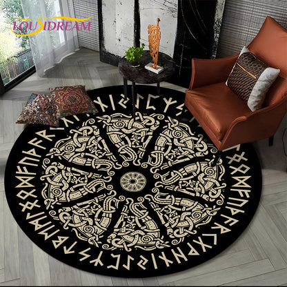 Viking Valknut Yggdrasil Tree of Life Round Area Rug,Carpet Rug for Living Room Bedroom Sofa Playroom Decor,Non-slip Floor Mat