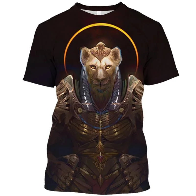 Golden Pharaoh & Anubis T-Shirt – Men's Egyptian Print O-Neck Short Sleeve Tee