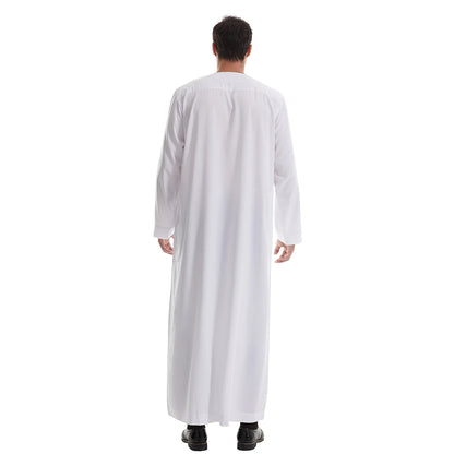 TH839 Men's Muslim Middle Eastern Men Long Sleeves Pure Color Buckle Robe Ramadan Eid Jubba Thobe