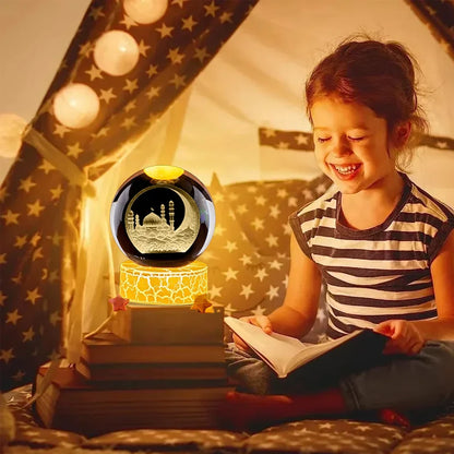 Ramadan Glowing Mosque Crystal Ball Ornament Islamic 3D Home Interior Party Desk Rotating Decoration Figurines Atmosphere Gifts
